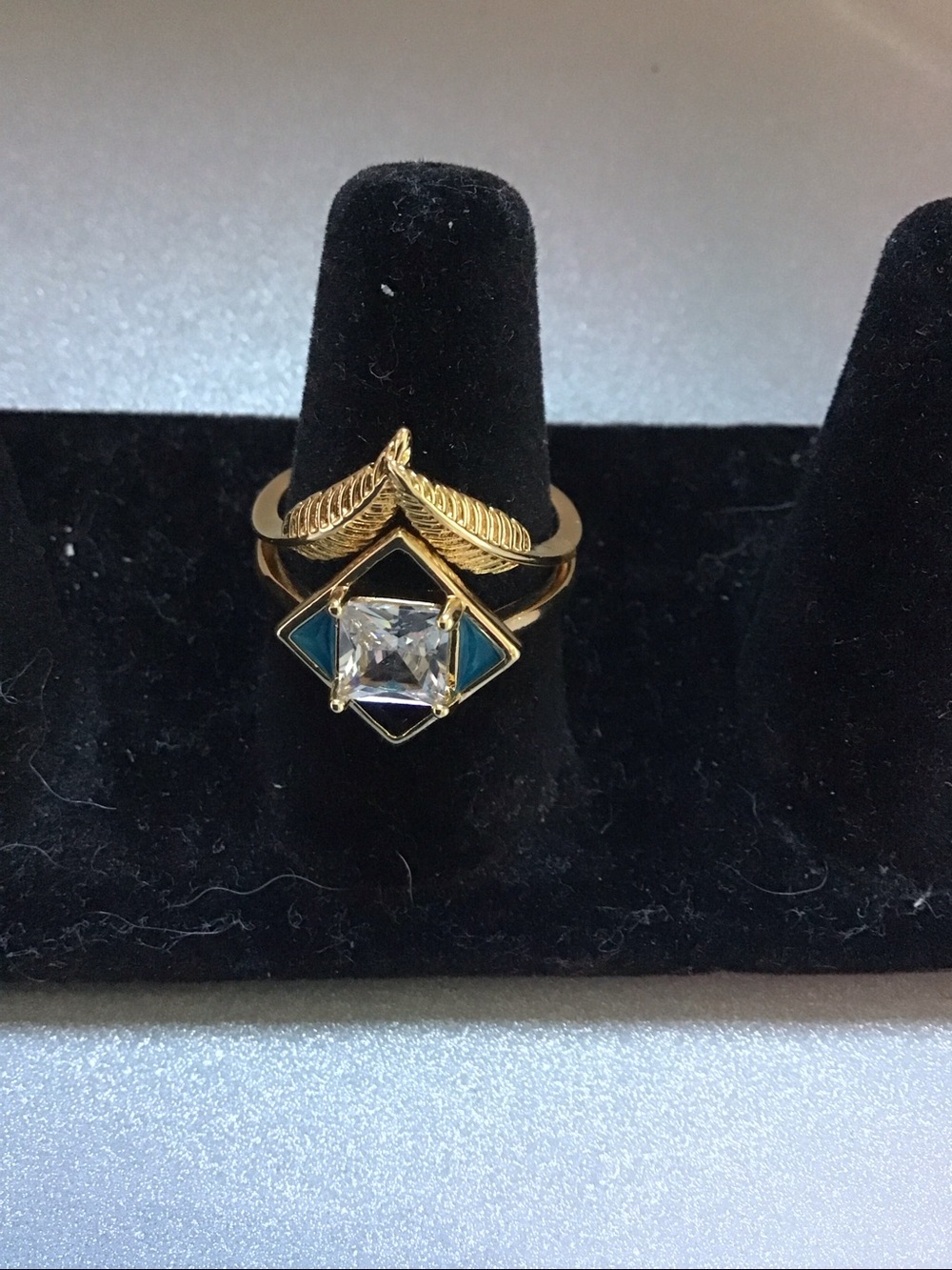 Gold Tone Turquoise Accent Square CZ Ring - Women Jewelry - Picture 8 of 9